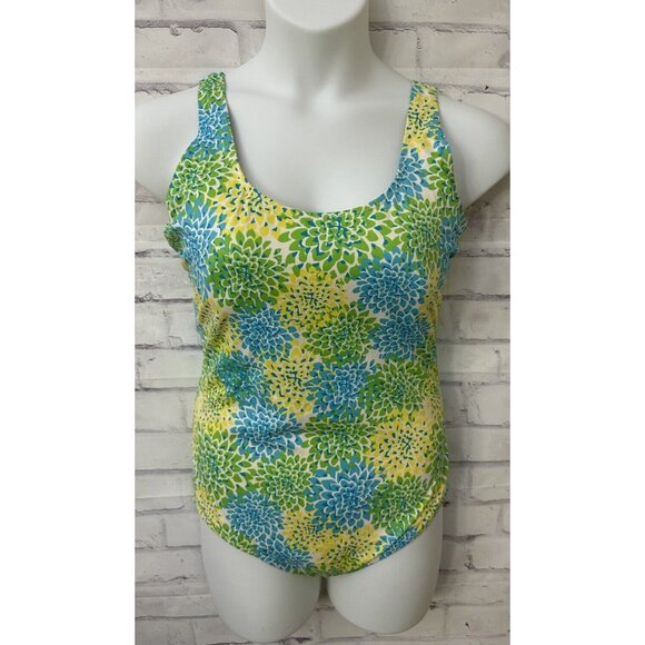 L.L. Bean‎ Women’s Size 18 One Piece Swimsuit Slimming UPF 50 Blue Green Floral - Picture 1 of 7